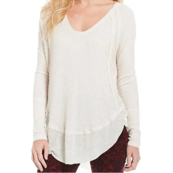 Free People We The Free Catalina Thermal Light V-Neck Shirt Oatmeal Womens S - Picture 1 of 11